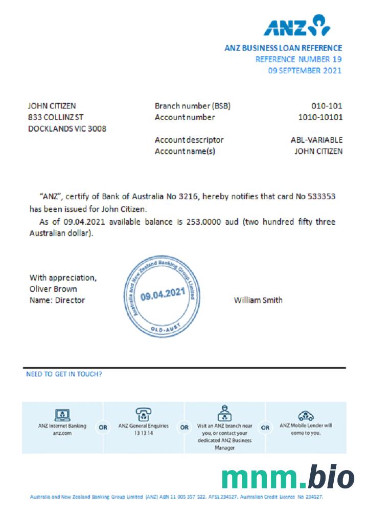 Przykład odniesienia do banku Australia ANZ w formatach Word i PDF